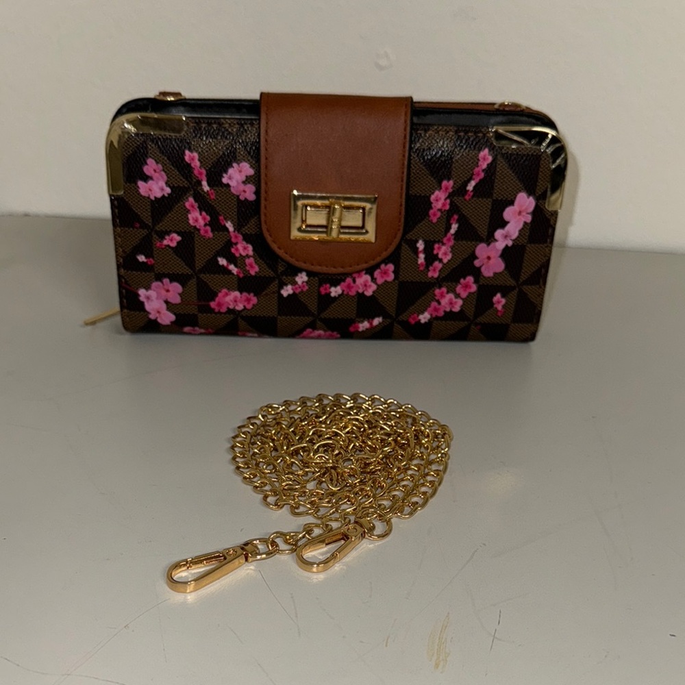 Brown and Pink Floral Wallet with Gold Accents